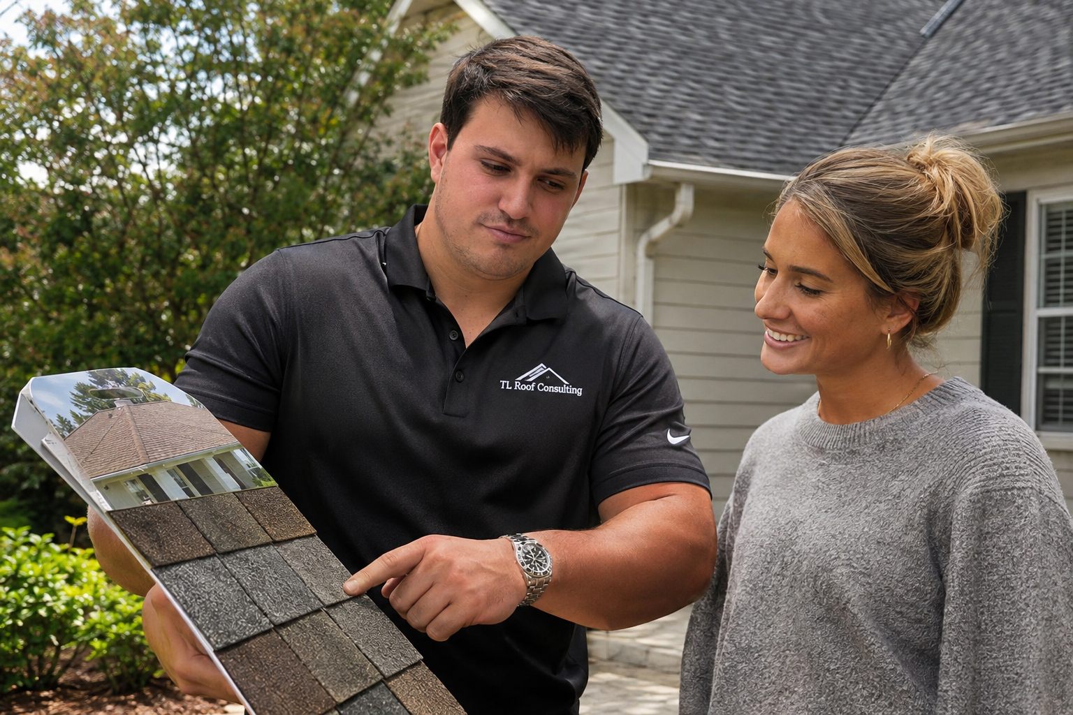 Roofing consultant discussing shingle options with a homeowner