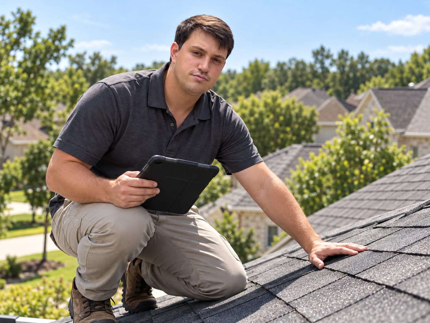 Roofing consultant inspecting shingles on a residential roof